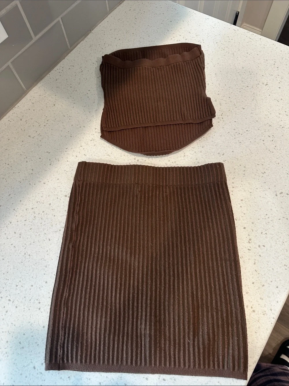 White Fox Boutique Brown Ribbed Knit Mini Skirt and Top - Picture 2 of 2